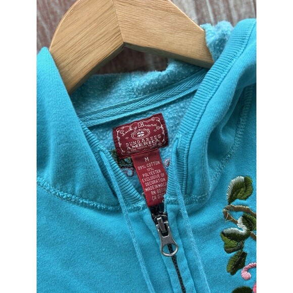 Vintage Lucky Brand Hoodie Y2K Turquoise Floral Embroidery Asian Art Sz M RARE - Picture 3 of 7